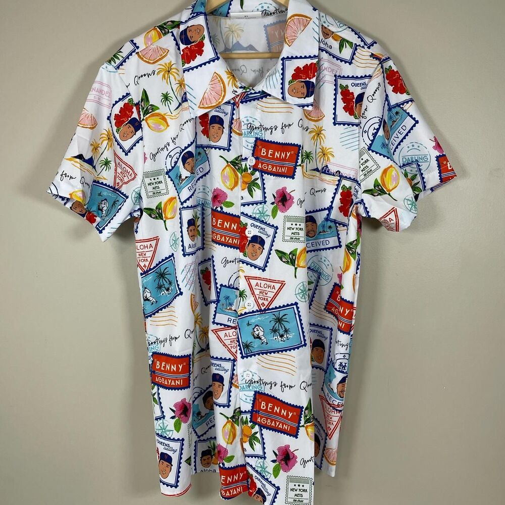 NY METS Stadium Promo Graphic Print Hawaiian Shirt XL Short Sleeve Tropical Post